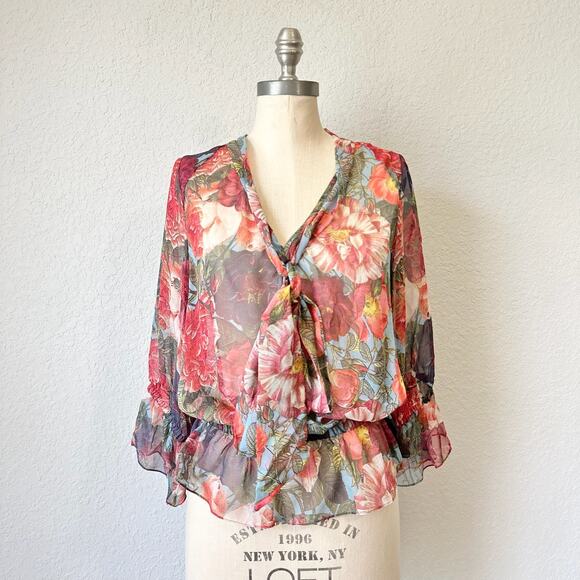 Haute Hippie Tops - HAUTE HIPPIE Top Blouse Red Floral Silk Chiffon Sheer Puff Sleeve Boho